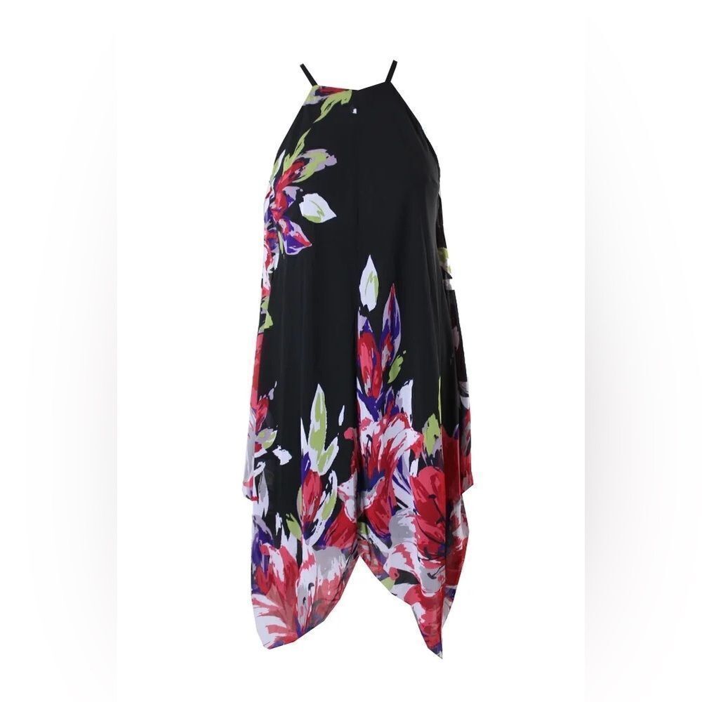INC International Concepts Black Floral Halter Handkerchief Hem Dress